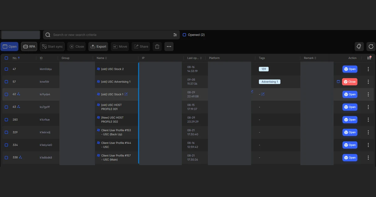 AdsPower profile list showing separate client profiles with main and backup pairs and dedicated host profiles, with identities, proxies and account IDs redacted