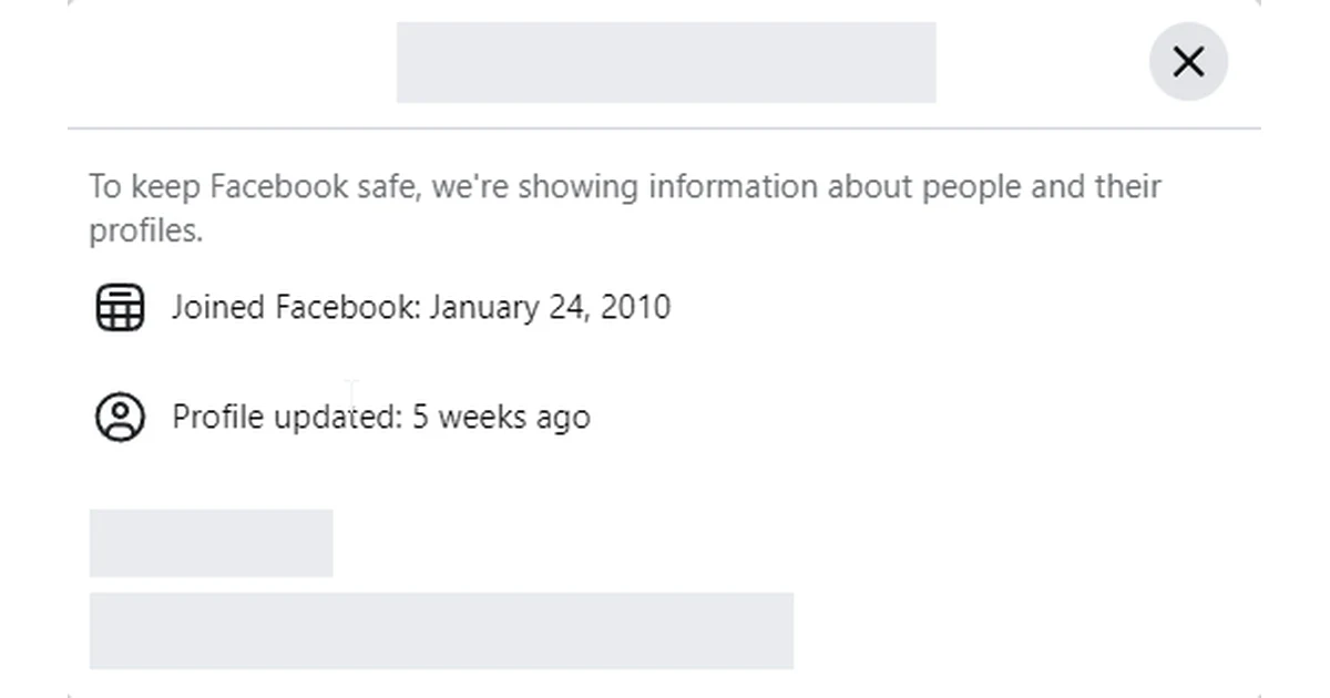 Facebook profile information dialog showing a join date of January 24, 2010, with the account holder's name masked