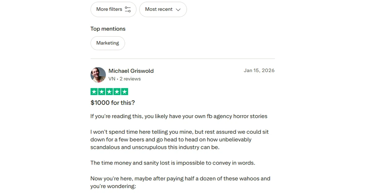 The most recent review on the ExiScale Trustpilot profile, five stars from Michael Griswold dated January 15 2026, titled 1000 dollars for this