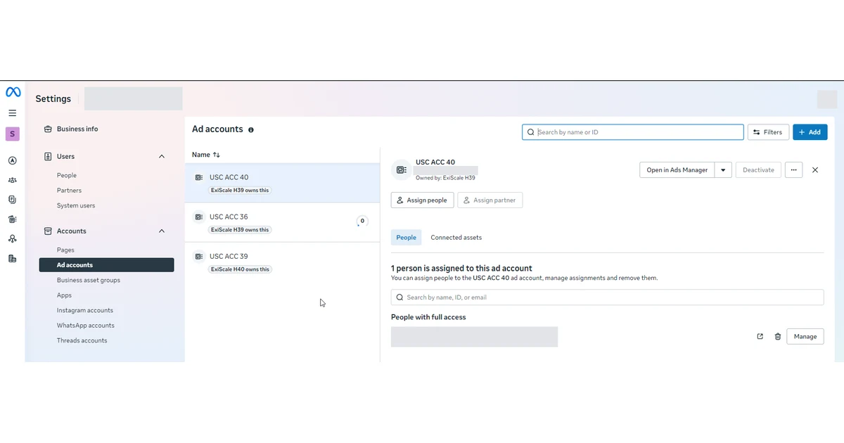 Business Manager settings showing three ad accounts inside a client portfolio, each badged as owned by a separate ExiScale holding business manager, with IDs and names redacted